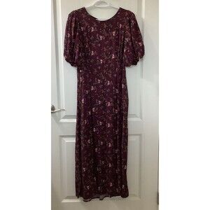 Old Navy Maxi Dress Womens L Puff Sleeve Smocked Back Cottage Floral Burgundy